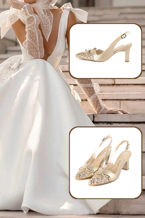 Women's gold elegant slingback heels, with a bow on the front. Tapered toe. High slim heel - Top view